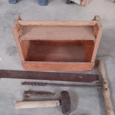 VINTAGE TOOLS AND A WOODEN TOOL BOX