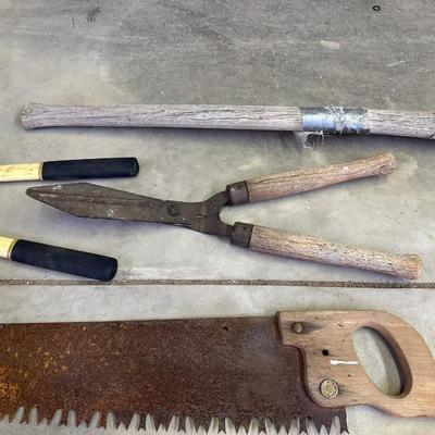 PICK AXE, LOPPERS, HEDGE TRIMMER, HAND SAW AND MORE