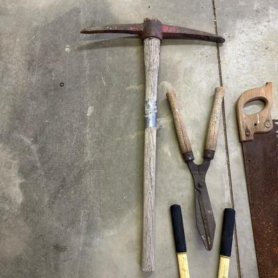 PICK AXE, LOPPERS, HEDGE TRIMMER, HAND SAW AND MORE