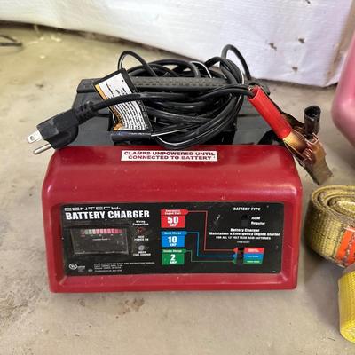 CEN-TECH BATTERY CHARGER, COME ALONG, FUNNELS AND MORE