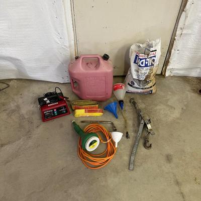 CEN-TECH BATTERY CHARGER, COME ALONG, FUNNELS AND MORE