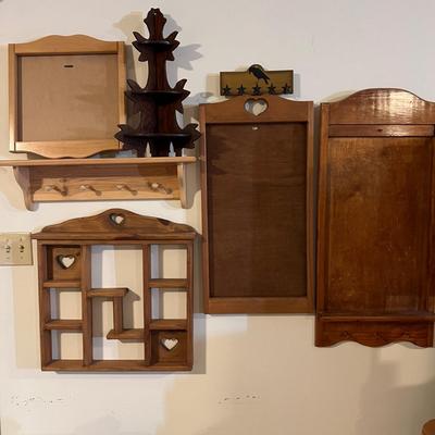 7 Pc. Decorative Wood Lot - Wall Shelves, Calendar Frames, Hooks, Corner Shelf