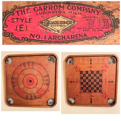 Antique Carrom, No 1 Archarena Style E Double Sided Game Table w. Game Pieces
