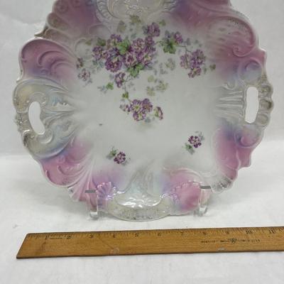 Hand Painted Antique Cake Plate Serving Bowl with cut-out handles