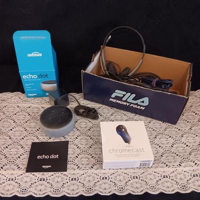 ECHO DOT, CHROMECAST, HEADPHONES AND VARIOUS CORDS