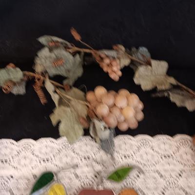 STAINED GLASS FRUIT BASKET AND RUBBER GRAPES ON A VINE