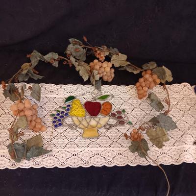STAINED GLASS FRUIT BASKET AND RUBBER GRAPES ON A VINE