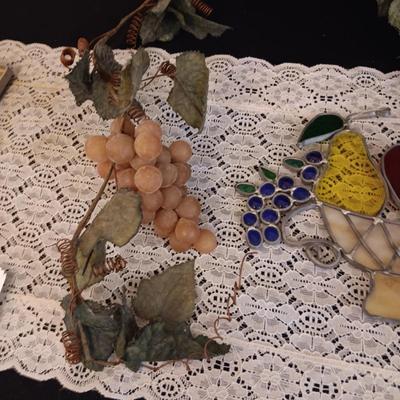 STAINED GLASS FRUIT BASKET AND RUBBER GRAPES ON A VINE