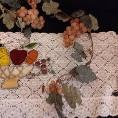 STAINED GLASS FRUIT BASKET AND RUBBER GRAPES ON A VINE