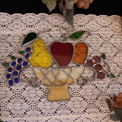 STAINED GLASS FRUIT BASKET AND RUBBER GRAPES ON A VINE
