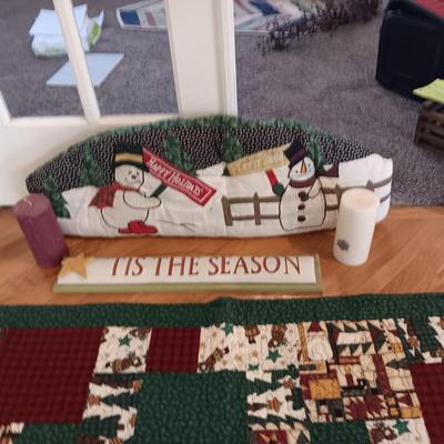CHRISTMAS QUILTED THROW BLANKET, DOOR DRAFT CATCHER, CANDLES AND A SIGN