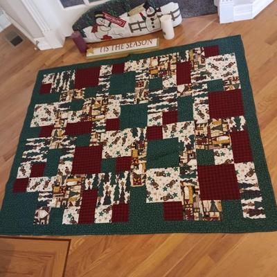 CHRISTMAS QUILTED THROW BLANKET, DOOR DRAFT CATCHER, CANDLES AND A SIGN