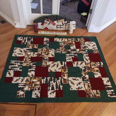 CHRISTMAS QUILTED THROW BLANKET, DOOR DRAFT CATCHER, CANDLES AND A SIGN