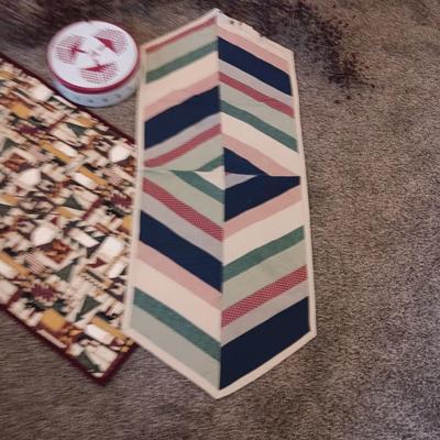 CHRISTMAS QUILTED TABLE RUNNERS, TIN AND GARLAND W/RED BERRIES