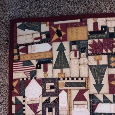 CHRISTMAS QUILTED TABLE RUNNERS, TIN AND GARLAND W/RED BERRIES