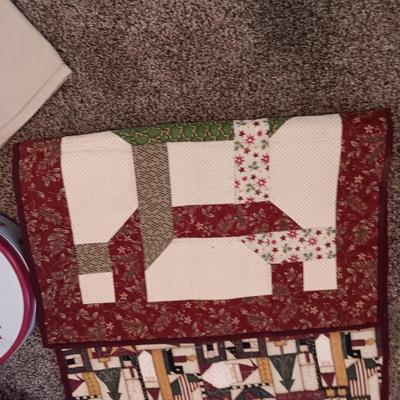 CHRISTMAS QUILTED TABLE RUNNERS, TIN AND GARLAND W/RED BERRIES