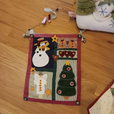 CHRISTMAS DOOR DRAFT CATCHER, QUILTED WALL HANGING AND TEDDY BEAR