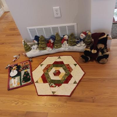 CHRISTMAS DOOR DRAFT CATCHER, QUILTED WALL HANGING AND TEDDY BEAR