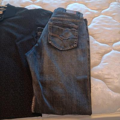 SHOE SHELF, VERA BRADLEY WALLET, MEN'S JEANS, SHIRT AND LADIES BOOTS