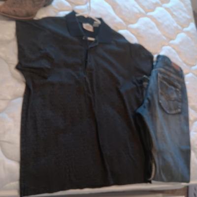 SHOE SHELF, VERA BRADLEY WALLET, MEN'S JEANS, SHIRT AND LADIES BOOTS