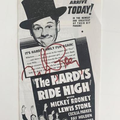 Mickey Rooney Signed The Hardys Ride High (1939) Movie Advertisement