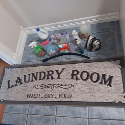 "LAUNDRY ROOM" RUG, CLOTHES IRON, 2 LAUNDRY BASKETS AND CLEANERS