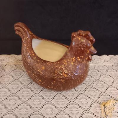 CAT WIRE BASKET, CERAMIC HEN PLANTER AND A WALL HANGING
