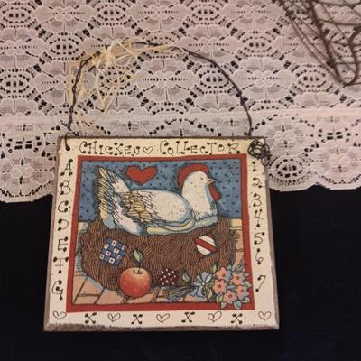 CAT WIRE BASKET, CERAMIC HEN PLANTER AND A WALL HANGING