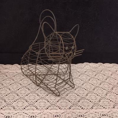 CAT WIRE BASKET, CERAMIC HEN PLANTER AND A WALL HANGING