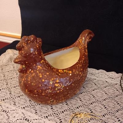 CAT WIRE BASKET, CERAMIC HEN PLANTER AND A WALL HANGING