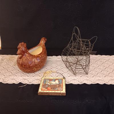 CAT WIRE BASKET, CERAMIC HEN PLANTER AND A WALL HANGING