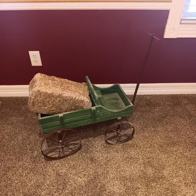 DOLL SIZE WOODEN WAGON WITH A BAIL OF HAY