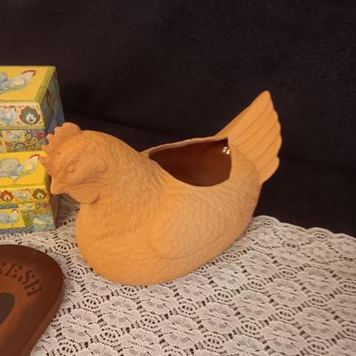 3 STACKING BOXES, WOODEN SIGN AND A HEN PLANTER