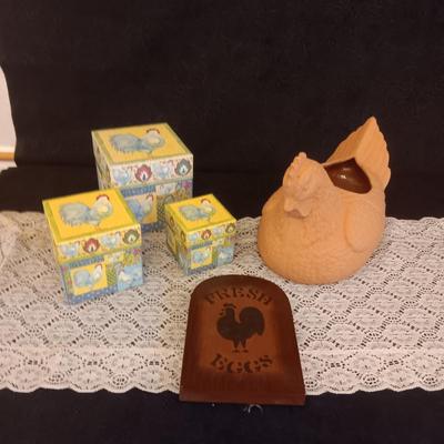 3 STACKING BOXES, WOODEN SIGN AND A HEN PLANTER