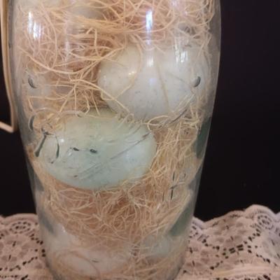 VINTAGE CANNING JAR LAMP BASE AND DECORATIVE ROOSTERS