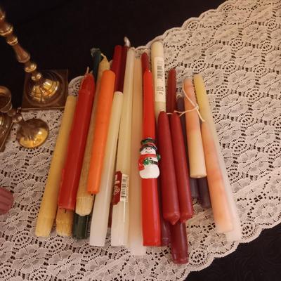 BRASS CANDLESTICKS AND TAPERED CANDLES
