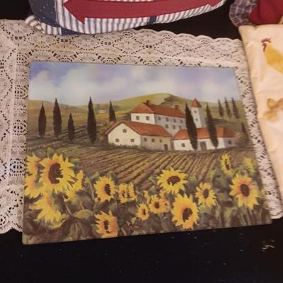 GLASS CUTTING BOARD, THROW PILLOWS, WALL HANGING AND POT HOLDER