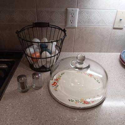 METAL EGG BASKET, CAKE PLATE W/LID AND SALT/PEPPER SHAKERS