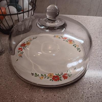 METAL EGG BASKET, CAKE PLATE W/LID AND SALT/PEPPER SHAKERS
