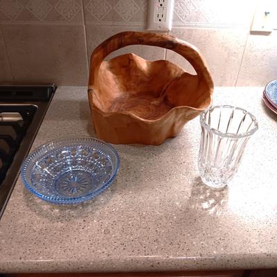 LARGE BURL WOOD BASKET, CRYSTAL VASE AND BLUE GLASS BOWL