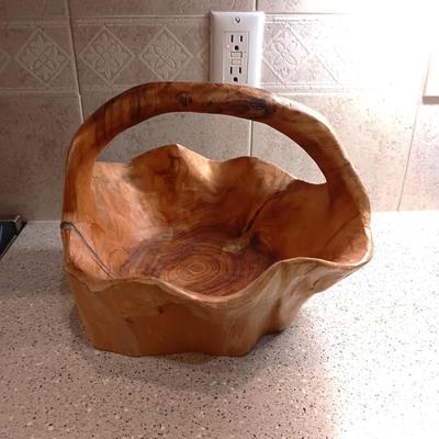 LARGE BURL WOOD BASKET, CRYSTAL VASE AND BLUE GLASS BOWL