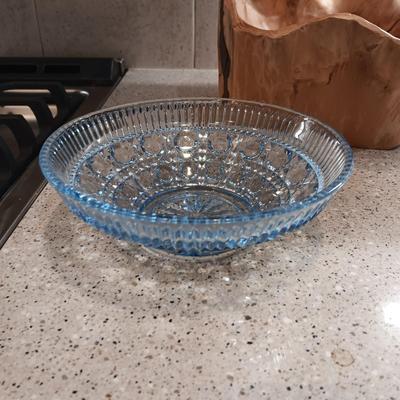 LARGE BURL WOOD BASKET, CRYSTAL VASE AND BLUE GLASS BOWL