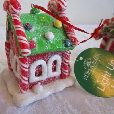 3 Light-up gingerbread house ornaments, 3 24' each bead garlands