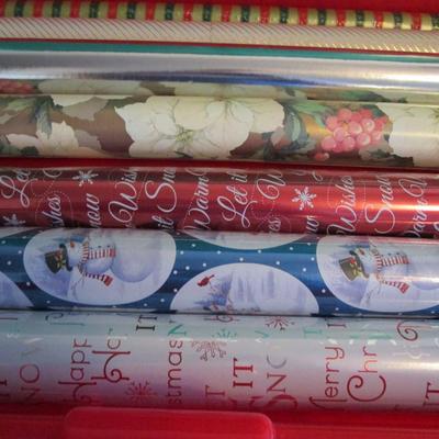Christmas wrapping paper storage box with ribbon, gift boxes, and 3 new rolls of Christmas wrapping paper