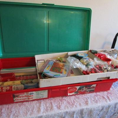Christmas wrapping paper storage box with ribbon, gift boxes, and 3 new rolls of Christmas wrapping paper