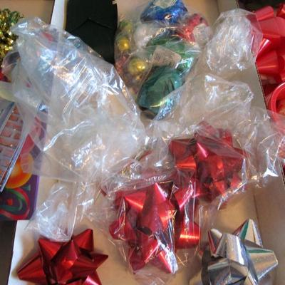 Christmas wrapping paper storage box with ribbon, gift boxes, and 3 new rolls of Christmas wrapping paper