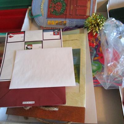 Christmas wrapping paper storage box with ribbon, gift boxes, and 3 new rolls of Christmas wrapping paper
