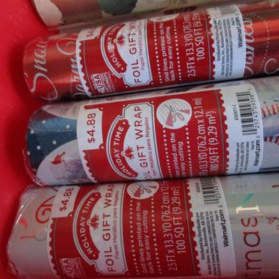Christmas wrapping paper storage box with ribbon, gift boxes, and 3 new rolls of Christmas wrapping paper