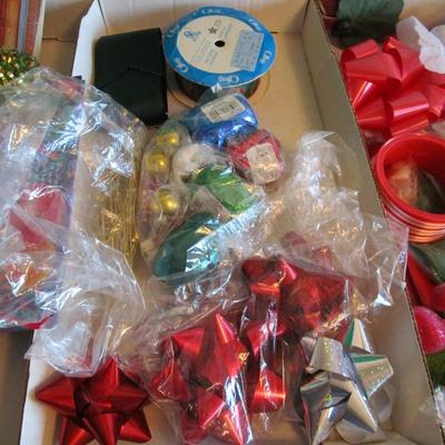 Christmas wrapping paper storage box with ribbon, gift boxes, and 3 new rolls of Christmas wrapping paper