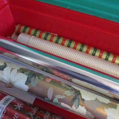 Christmas wrapping paper storage box with ribbon, gift boxes, and 3 new rolls of Christmas wrapping paper